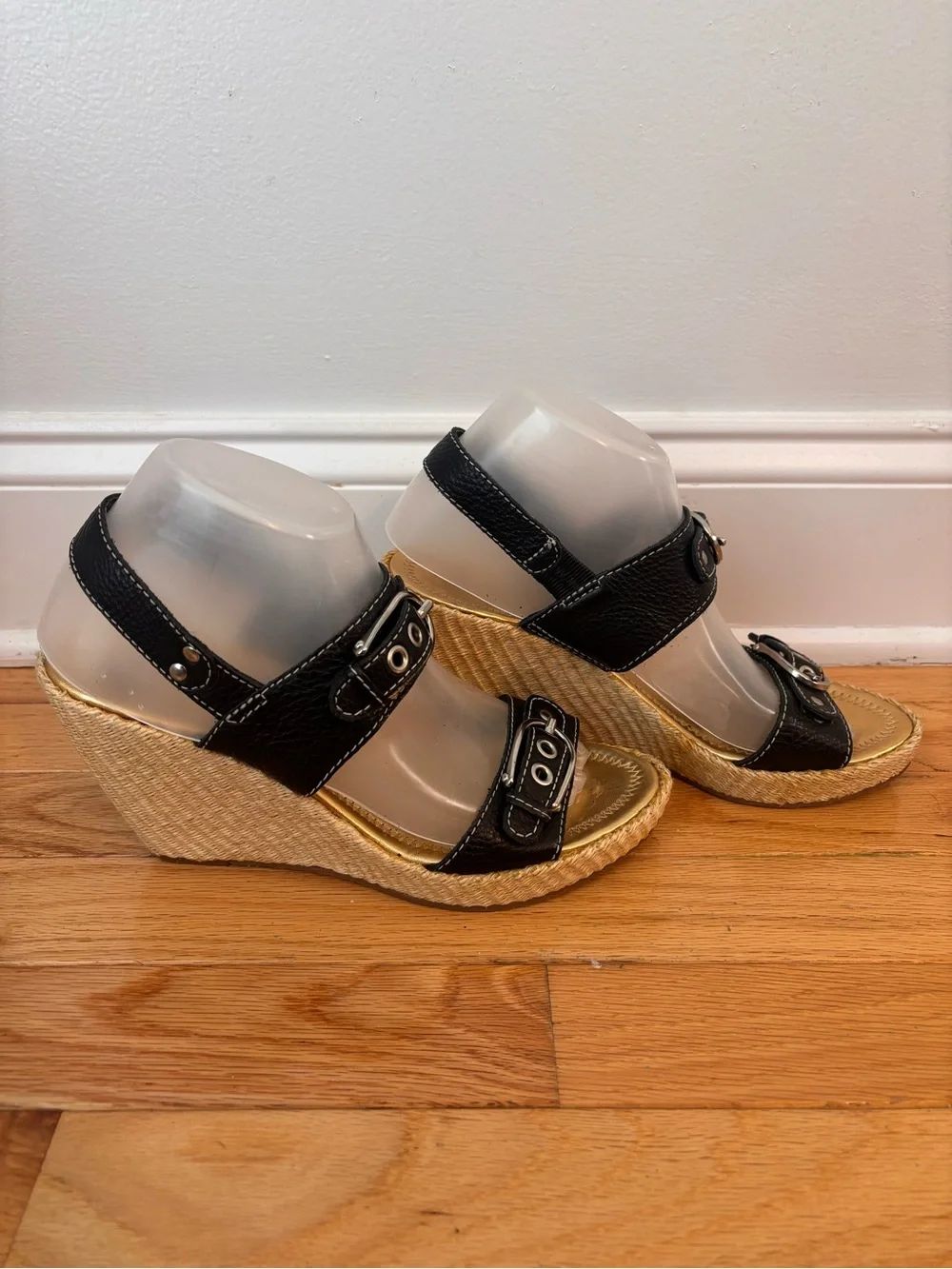ANTONIO MELANI Y2K Black Leather Double-Buckle Espadrille Wedges Size 8 Brazil